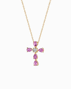 Collana croce zaffiri rosa e diamantino centrale