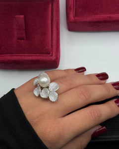 Anello foglia&perla argento