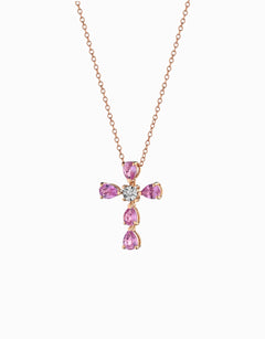 Collana croce zaffiri rosa e diamantino centrale