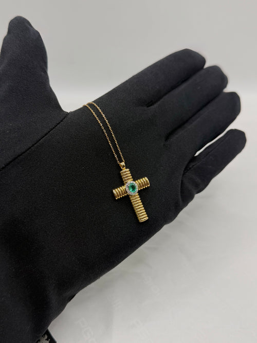 Collana croce oro tubogas con smeraldo