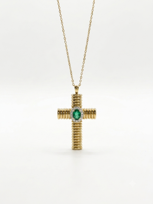 Collana croce oro tubogas con smeraldo