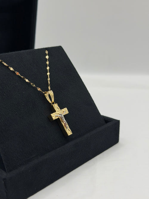 Collana croce scatolata con Cristo bicolore oro