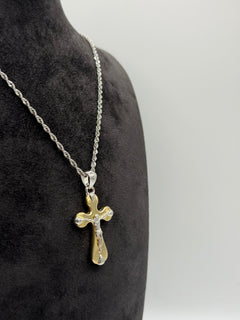 Collana croce scatolata con Cristo bicolore oro