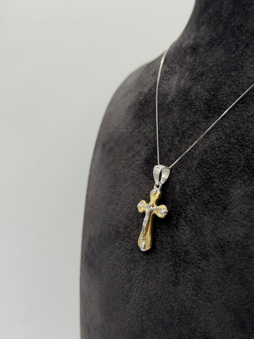 Collana croce scatolata con Cristo bicolore oro