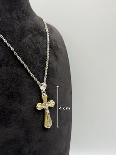 Collana croce scatolata con Cristo bicolore oro