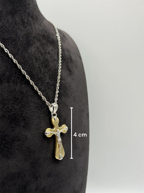 Collana croce scatolata con Cristo bicolore oro