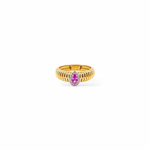 Anello tubogas fascia stretta oro e goccia zaffiro rosa