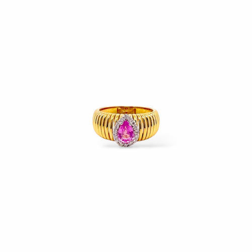 Anello tubogas fascia larga oro e goccia zaffiro rosa