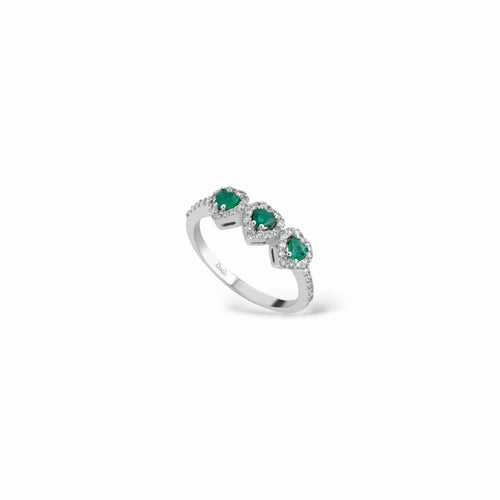 Anello trilogy cuori smeraldi e diamanti