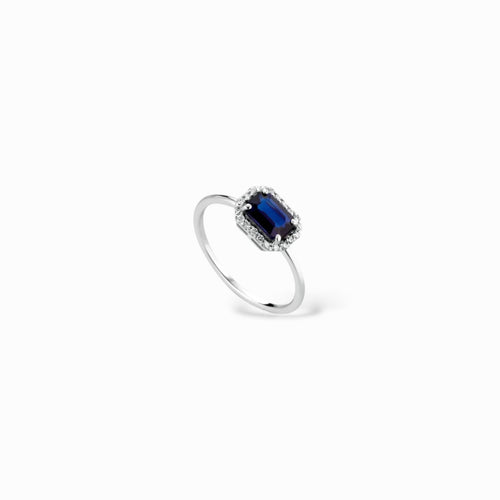 Anello quadrato zaffiro blu e diamanti