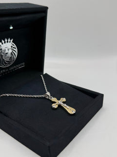 Collana croce scatolata con Cristo bicolore oro