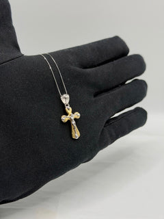 Collana croce scatolata con Cristo bicolore oro