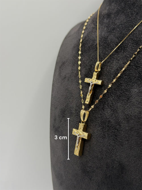 Collana croce scatolata con Cristo bicolore oro