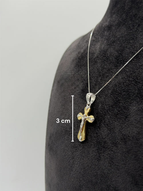 Collana croce scatolata con Cristo bicolore oro